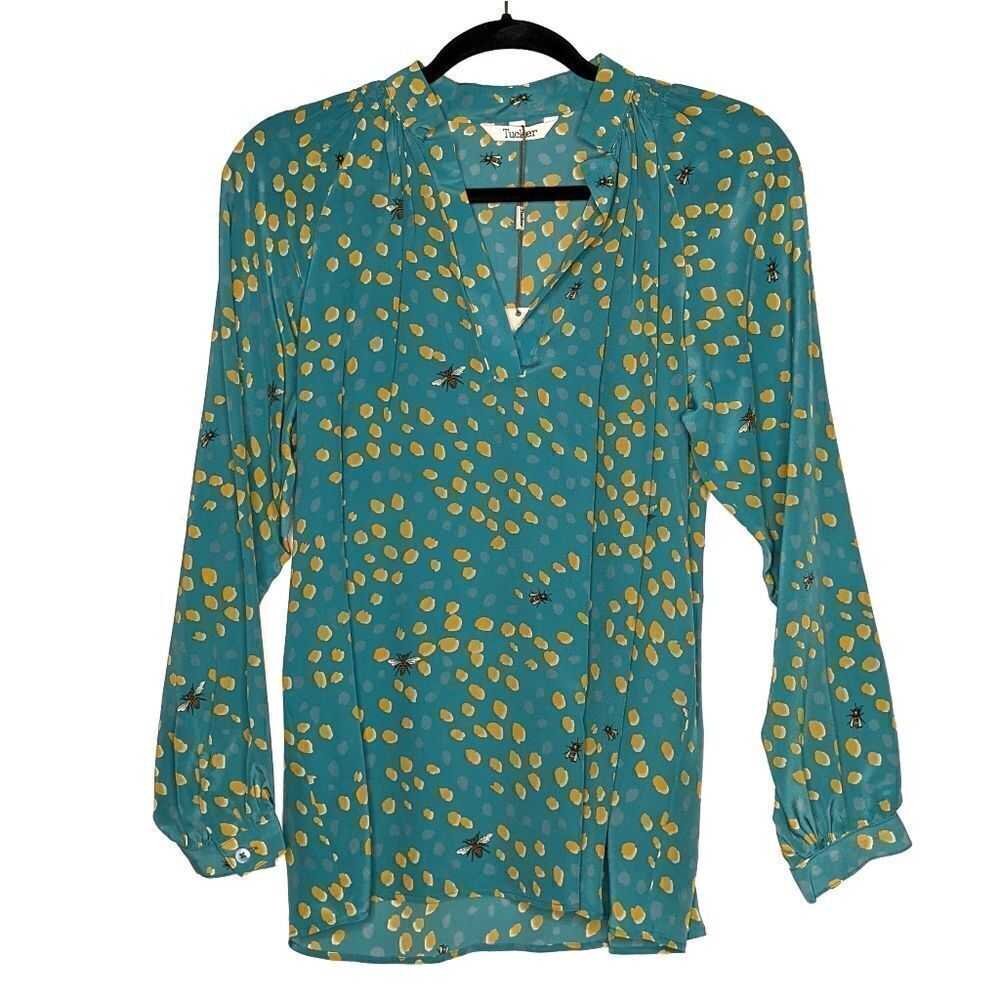Tucker Long Sleeve Polo Blouse Mineral Dot in Crepe de Chine Silk Top Bees